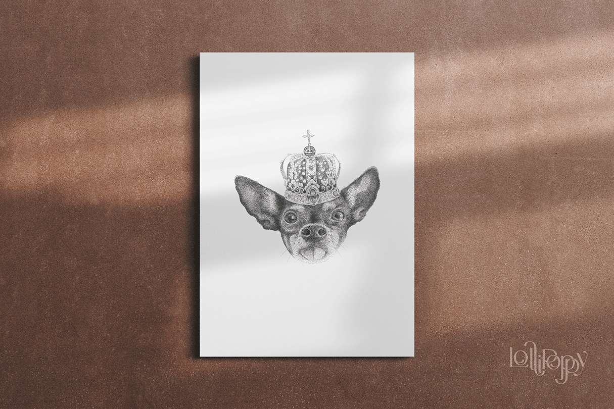 Drawing of a chihuahua with king haralds crown