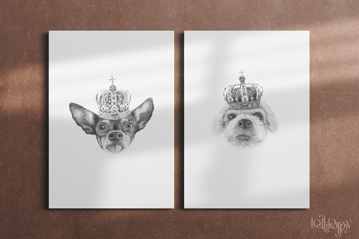Drawing of a chihuahua with king haralds crown and a bishon frise wearing sonjas crown