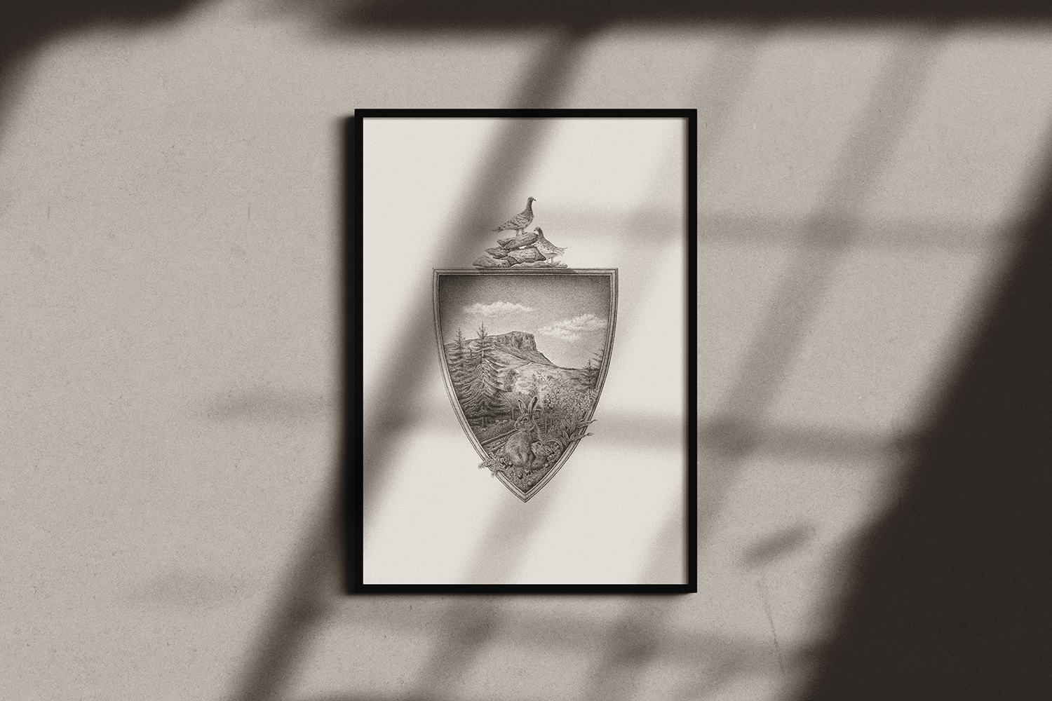 Kunsttrykk av Gausdal kommunes kommunevåpen, viser Skeikampen og, ryper og harer