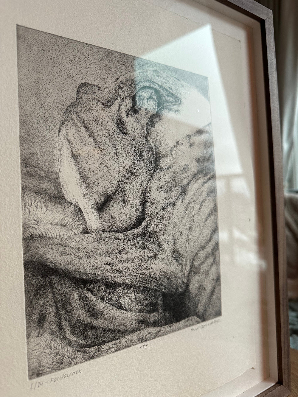 Photopolymer print of a sleeping Whippet 